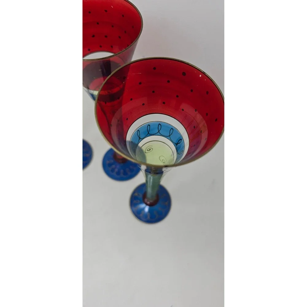 Pier 1 hand painted and blown Champagne flutes Multi Color hollow stem set of‎ 4